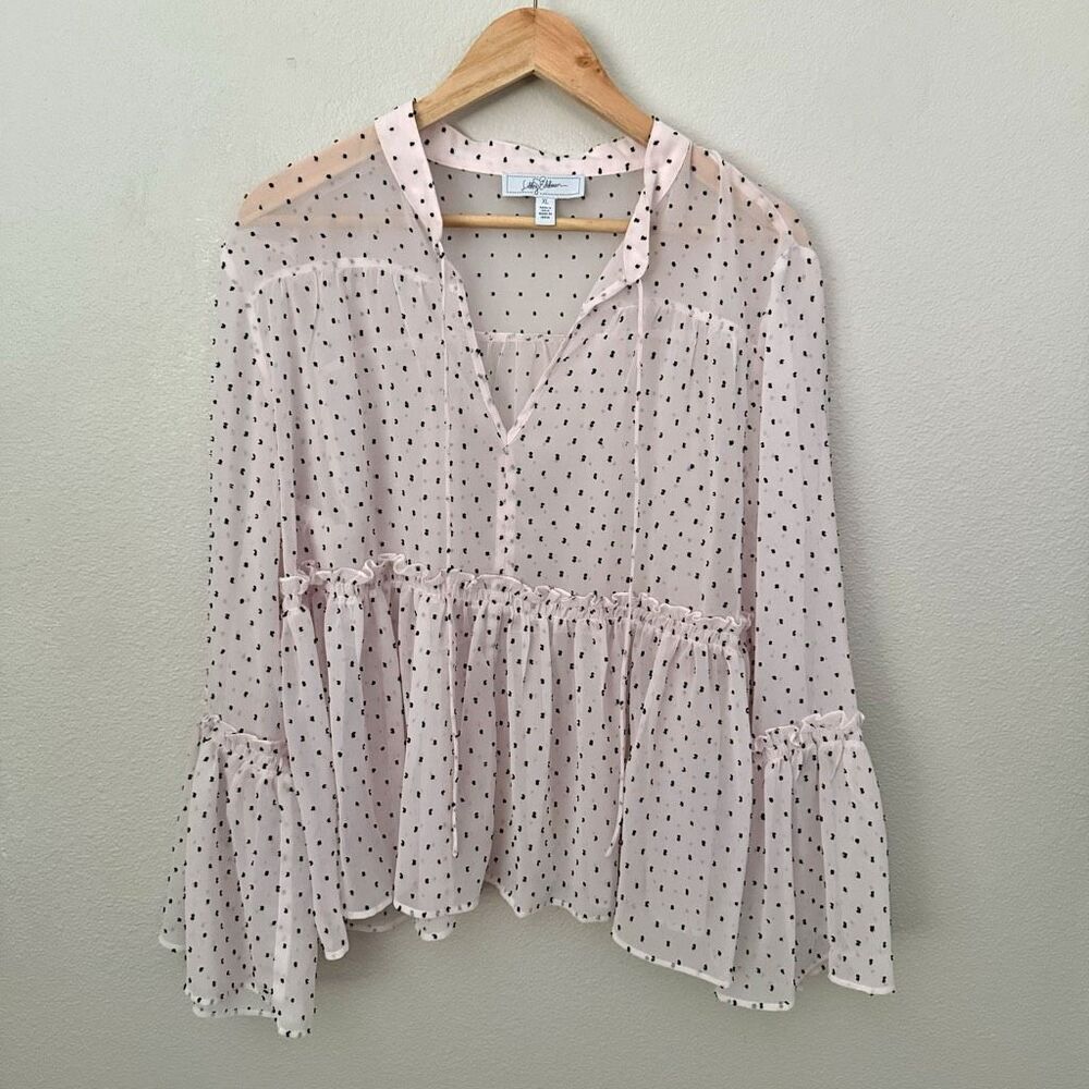LIBBY EDELMAN | Sheer Ruffle Sleeve Blouse Polka Dot Blush Pink Black | Size XL - Picture 2 of 6